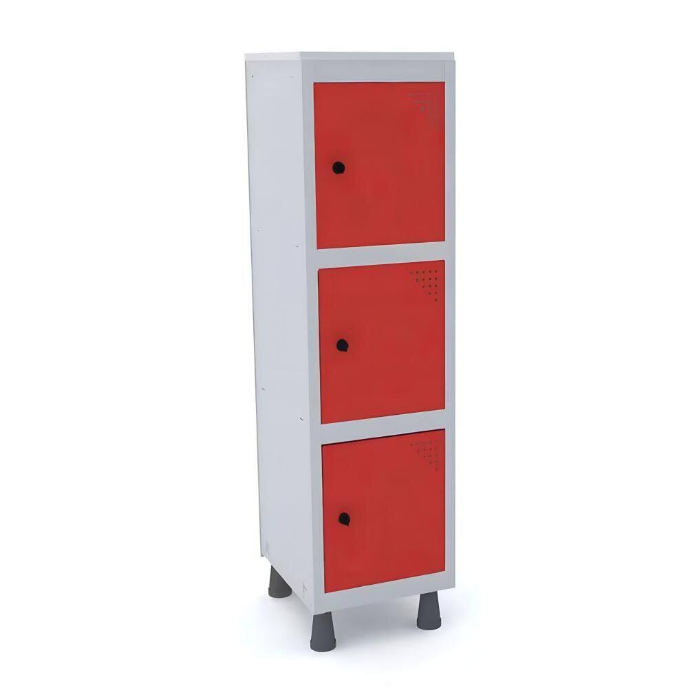 Mini Roupeiro Aço 3 Portas Vermelho Tranca Cadeado - Pandin