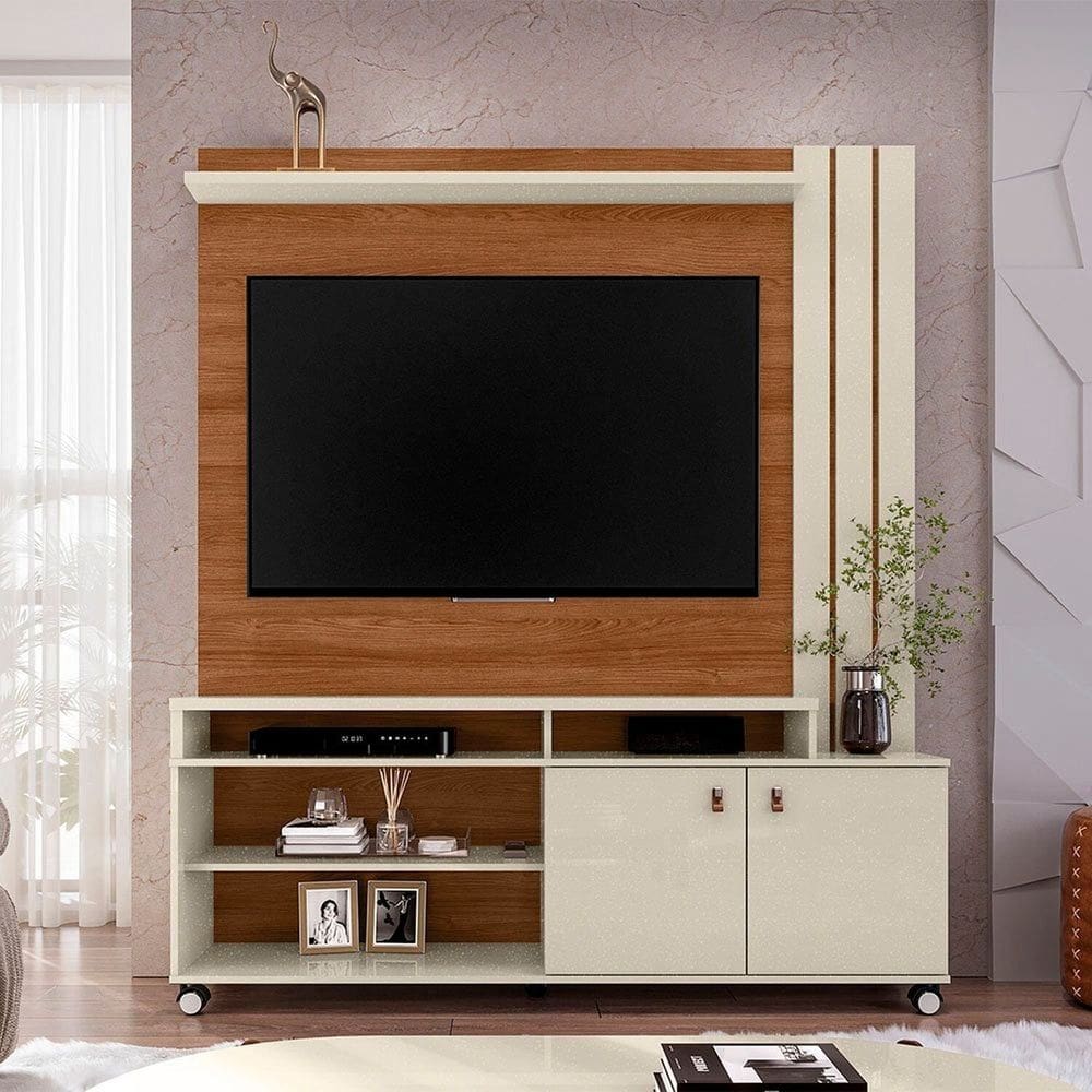 Estante para Tv até 65 Polegadas Home 160cm Nevada Pérola Metalizado/Cinamomo Mel