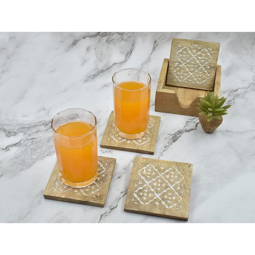 Coasters Store Indya, quadrado de madeira com suporte, conjunto de 4