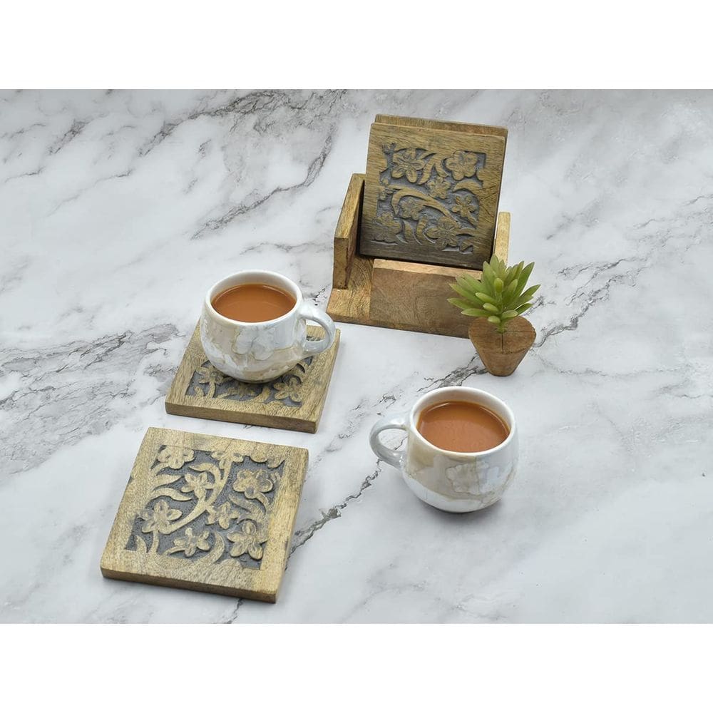 Coasters STORE INDYA, quadrado de madeira com suporte, conjunto de 4 pretos