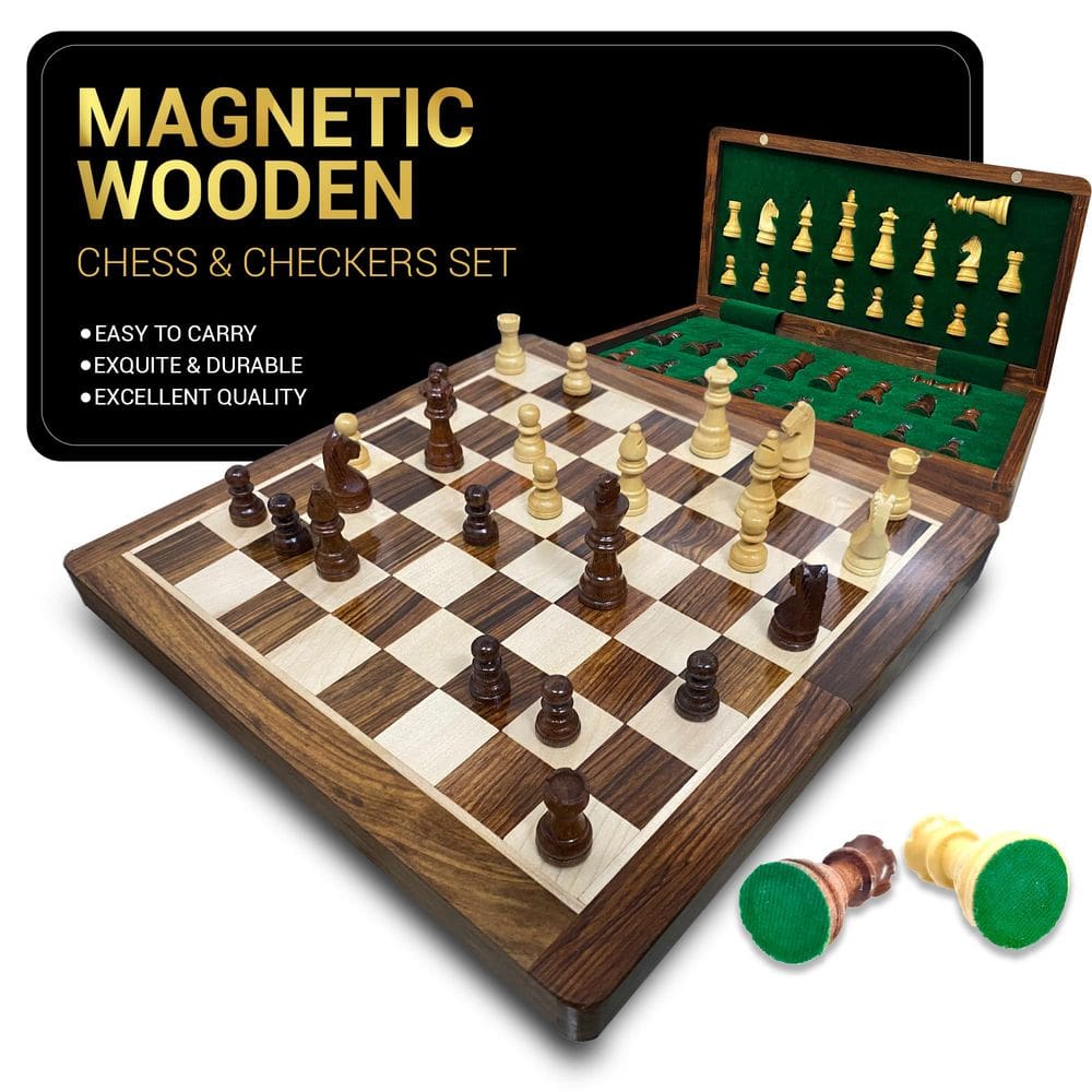 Conjunto de tabuleiro de xadrez magnético de madeira de 30 cm com 2 rainhas extras