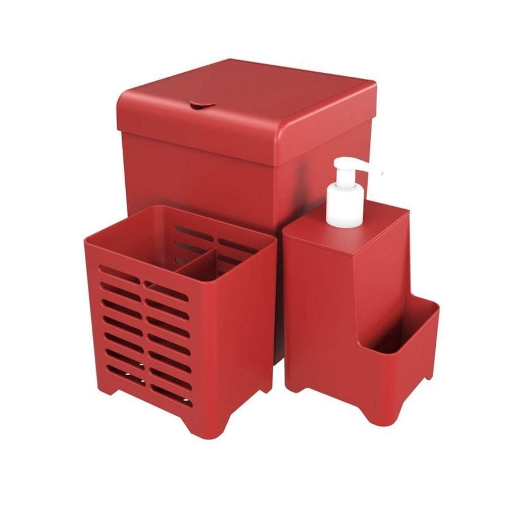 Kit Pia 3 Peças Lixeira Dispenser Porta Talher Cozinha - Stolf Vermelho