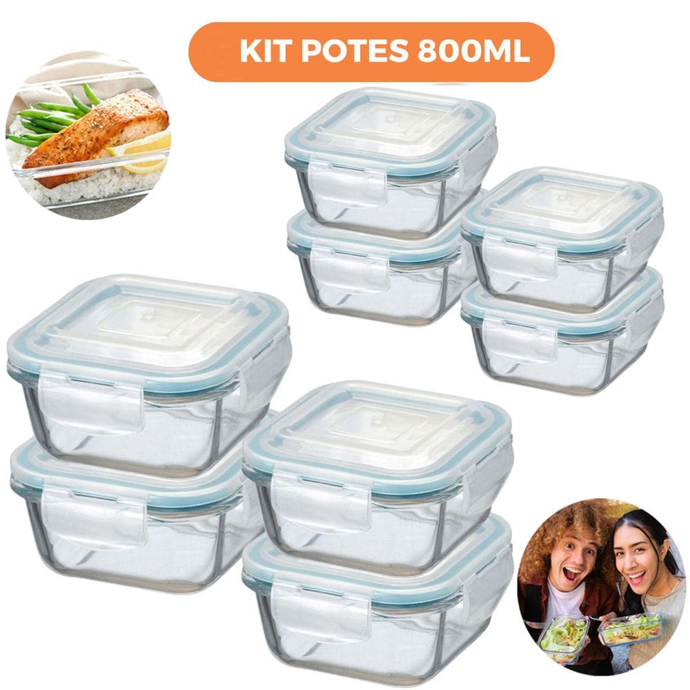 Kit 8 Potes de Vidro Herméticos Quadrados 800ml
