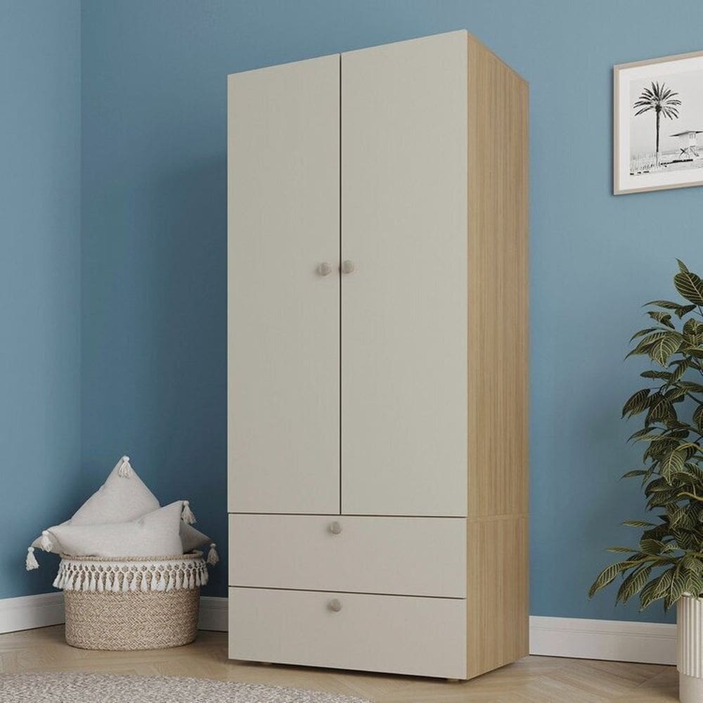 Guarda-roupa 2 Módulos 2 Portas 3 Prateleiras 2 Gavetas Frame Cabecasa madeiramadeira Acácia/Arenas