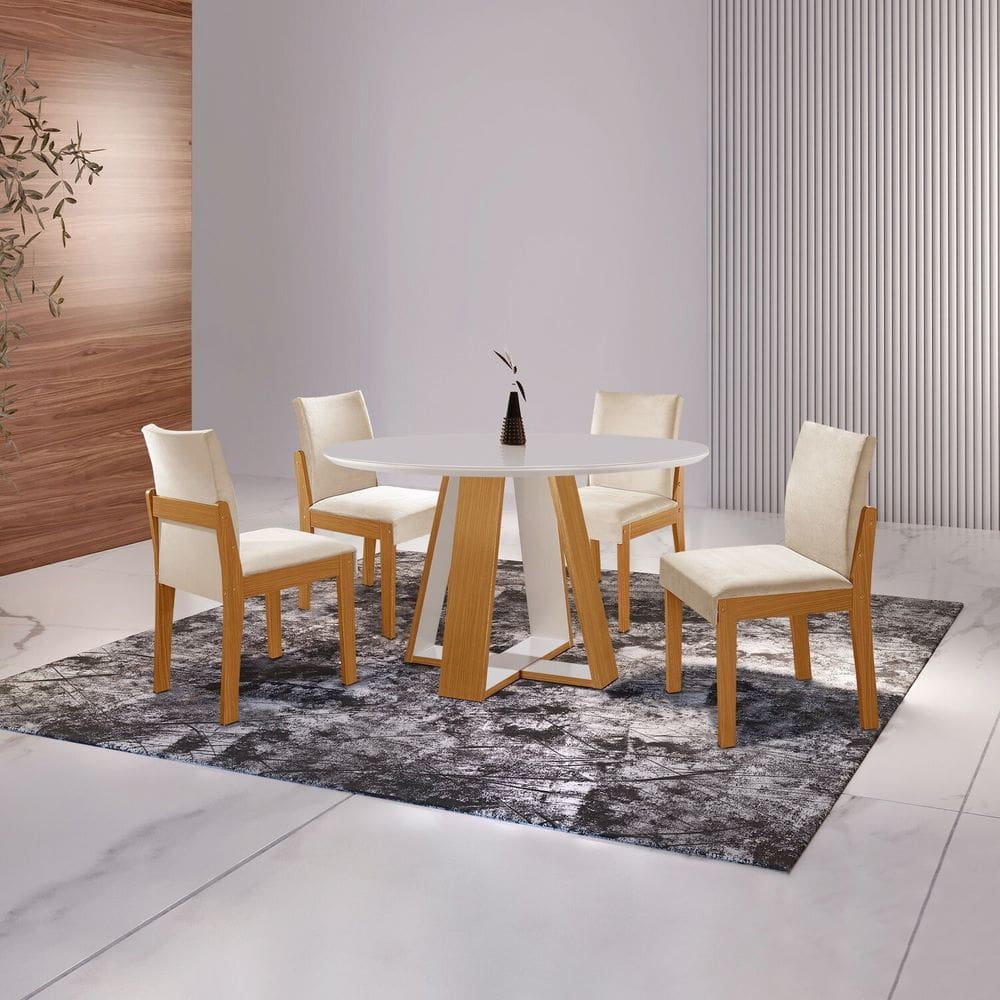 Conjunto Sala Jantar 4 Cadeiras Mônaco Cinamomo/Creme/Off White