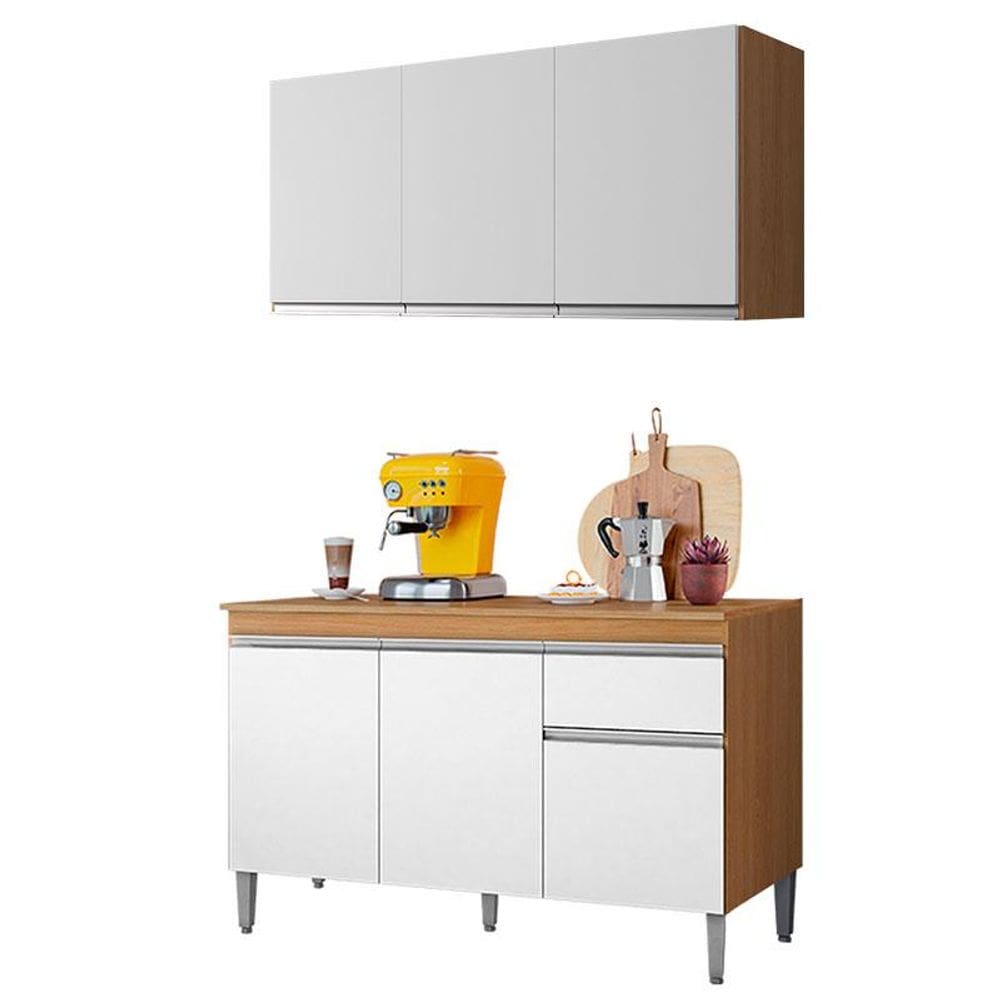 Balcão de Cozinha Tatiane com Tampo 120cm e Armário Aéreo Andréia 3 Portas Amêndoa Branco - AJL