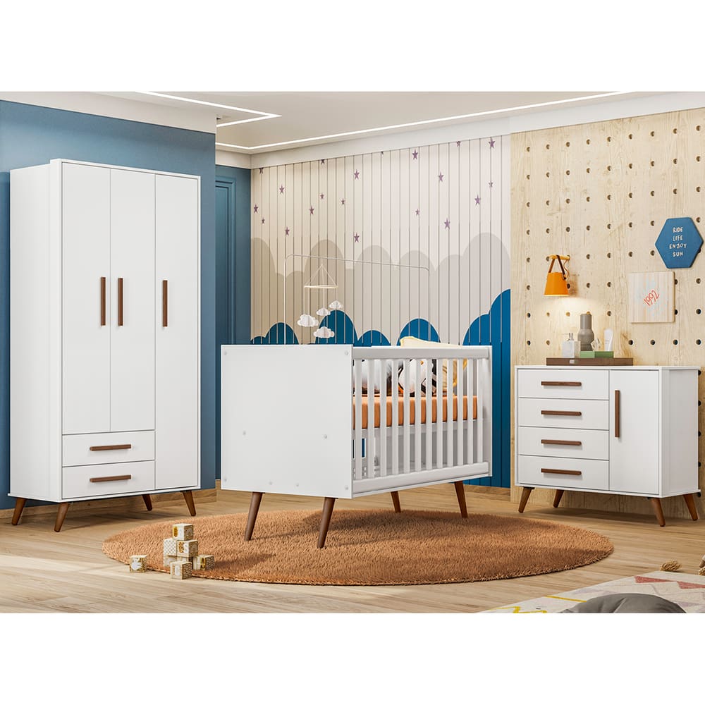 Quarto Infantil Completo Qencanto com Berço, Cômoda e Roupeiro - Qmovi