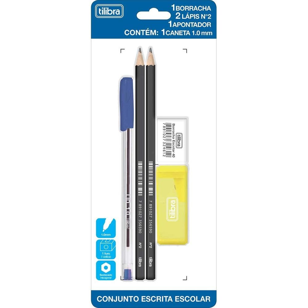 Kit Escolar Lápis Caneta 1.0mm Apontador Borracha Conjunto Escrita Tilibra | Material Escolar | Essencial