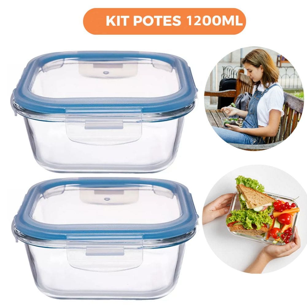 Kit 2 Pote de Vidro Hermético Quadrado 1200ml