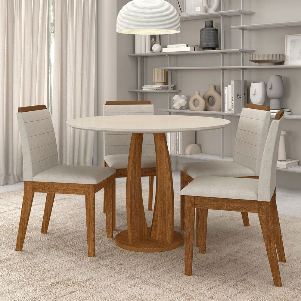 Conjunto Mesa Redonda Scala 4 Cadeiras Estofadas Freijó/off/bege - M.a