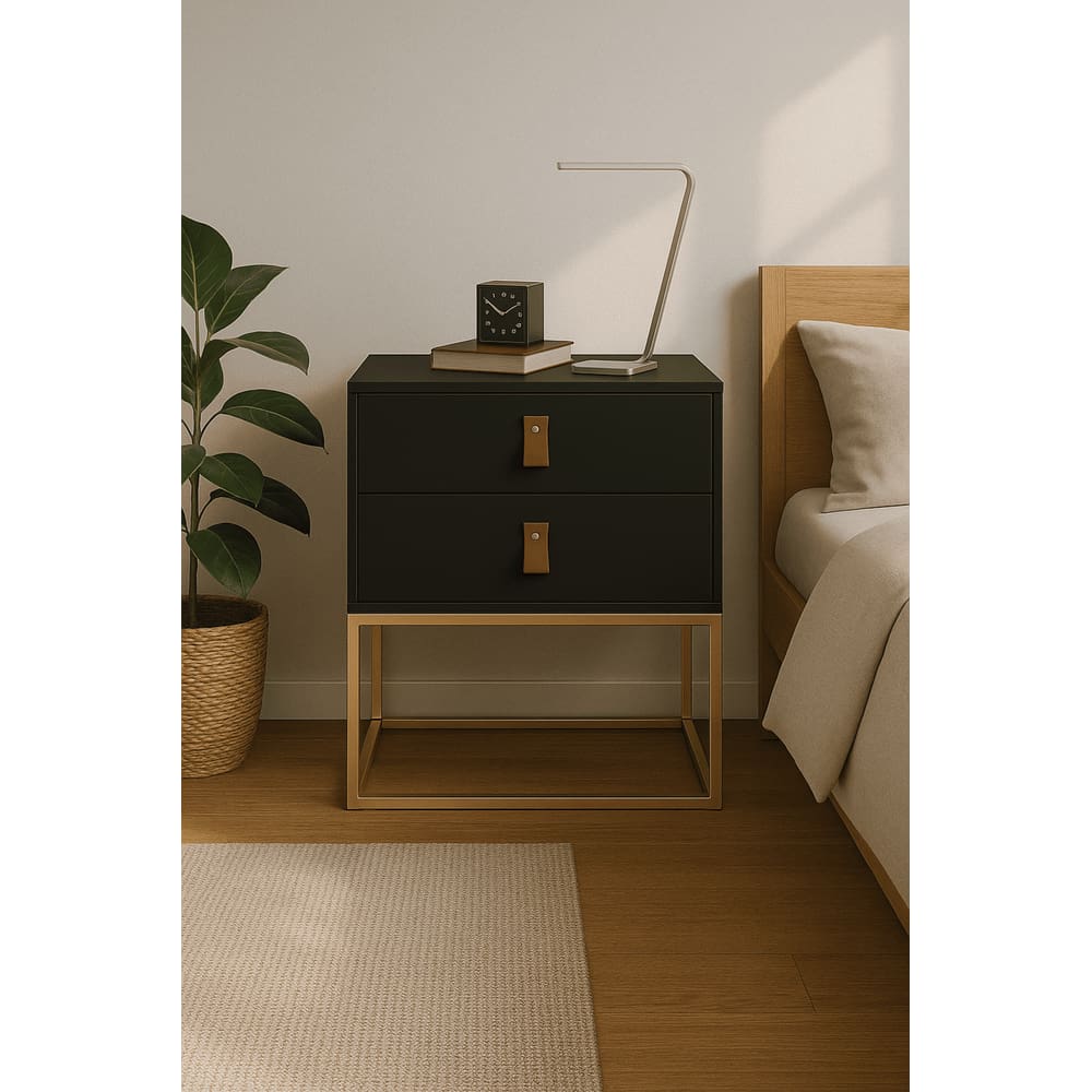 Mesa De Cabeceira Unic 45 Preto Base Metalica Dourada