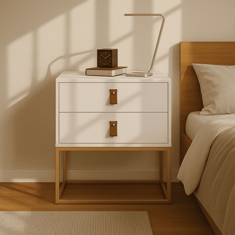 Mesa De Cabeceira Unic 45 Branco Base Metalica Dourada