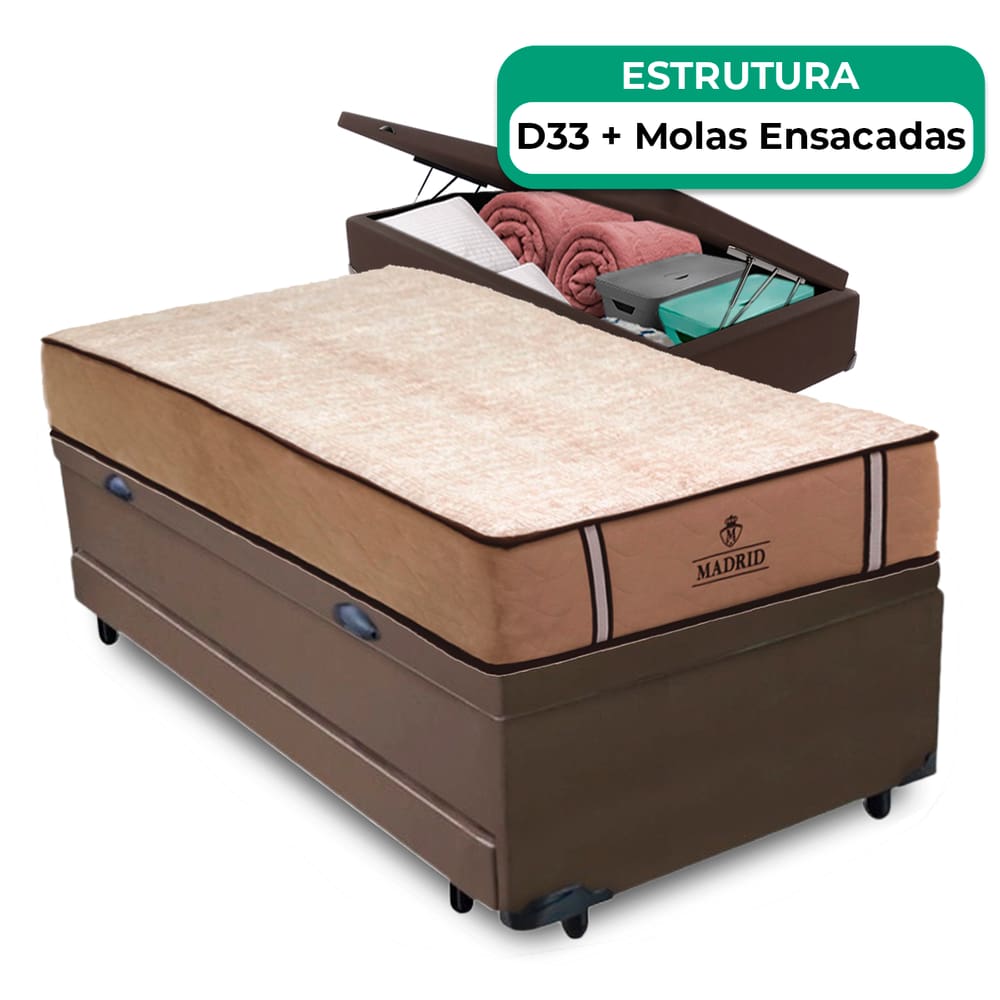 Bicama Baú Solteirão E Colchão Madrid Molas Vstore 96x188x28