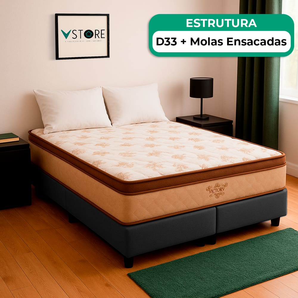 Cama Box Baú Queen Cinza e Colchão Victory Molas Vstore