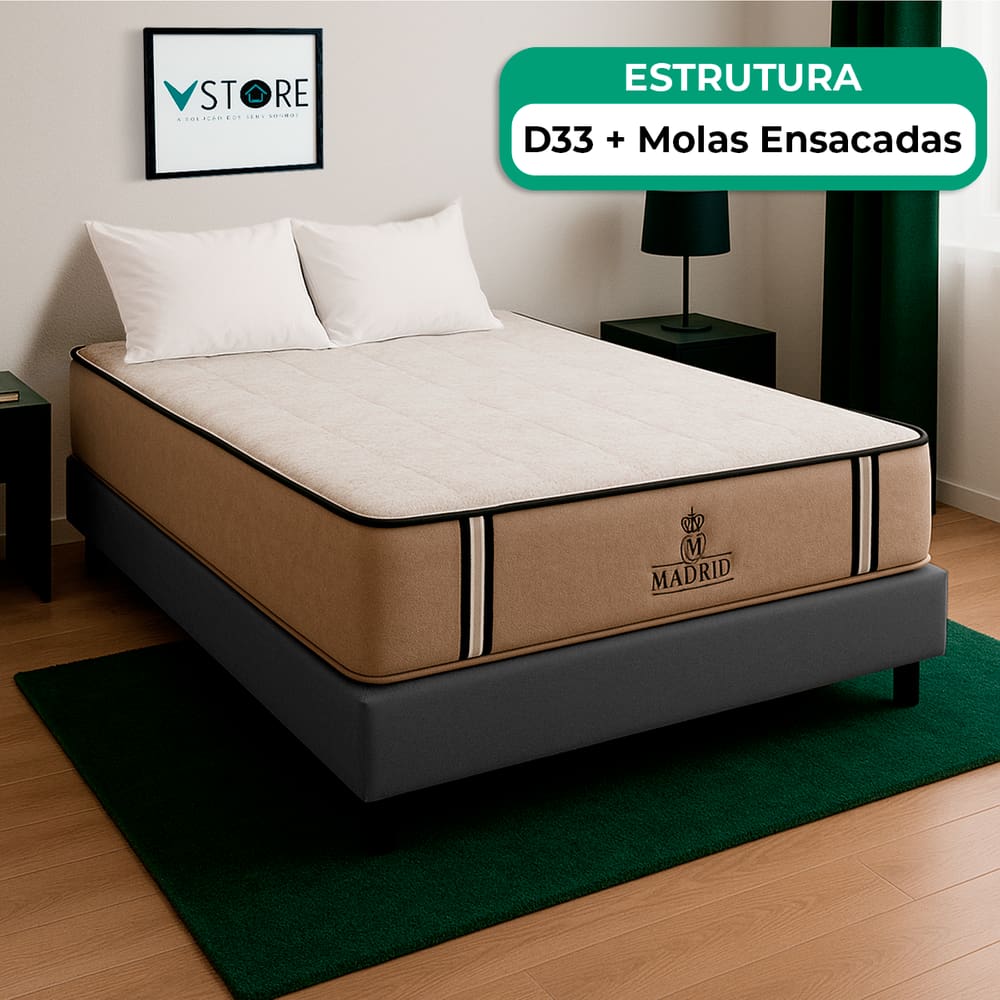 Cama Box Casal Cinza Colchão Madrid Molas Vstore 138x188x28