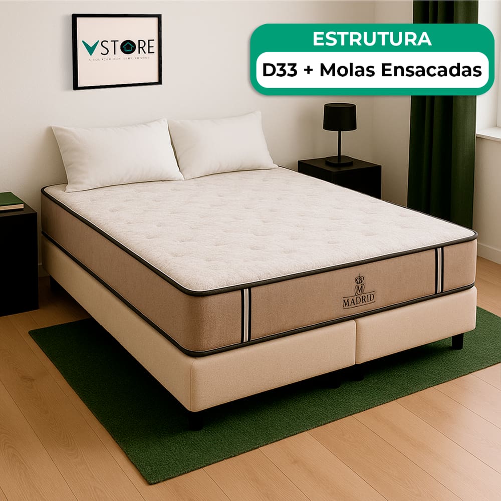 Cama Box Queen Bege E Colchão Madrid Molas Vstore 158x198x28