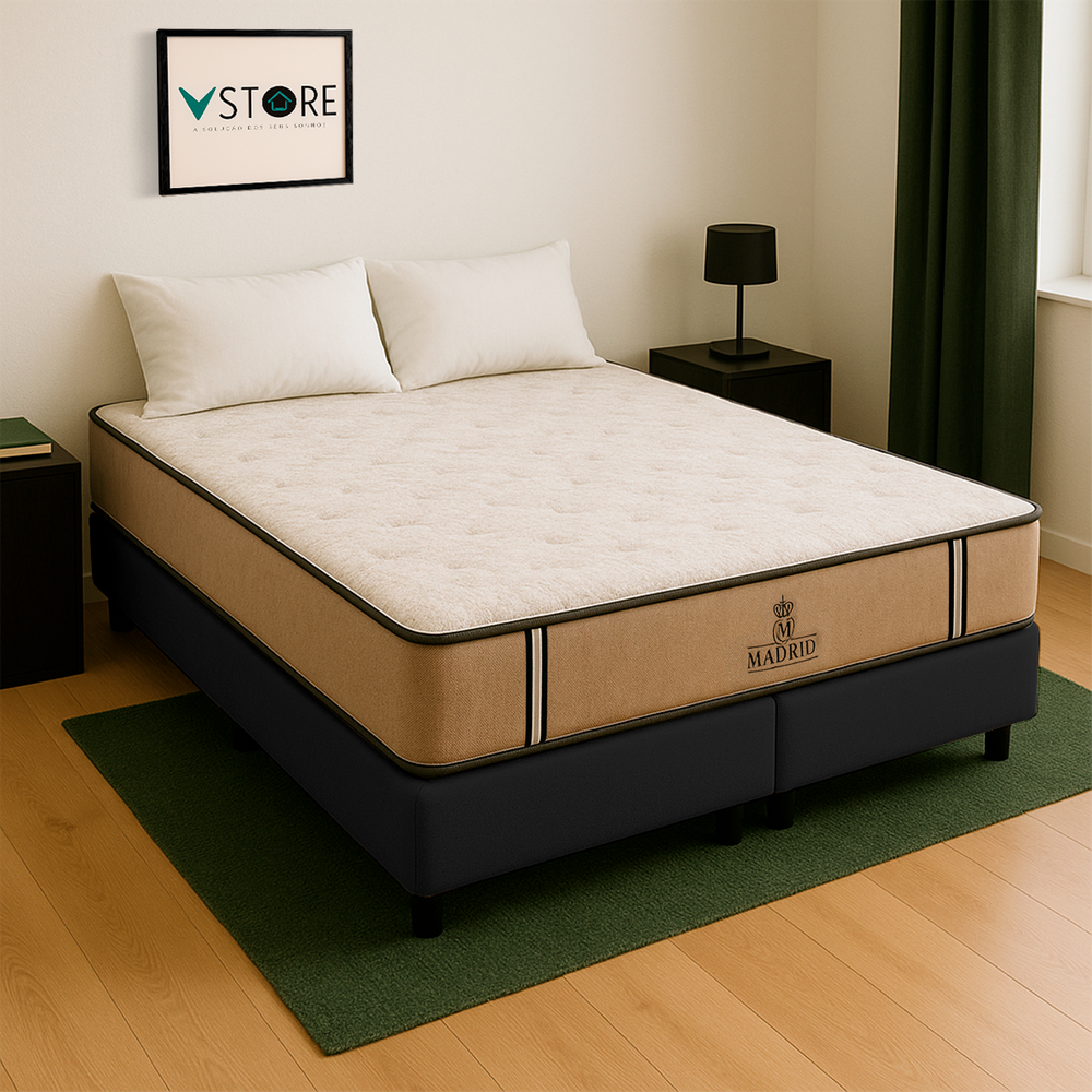Cama Box Baú King Preto E Colchão Madrid Molas Vstore