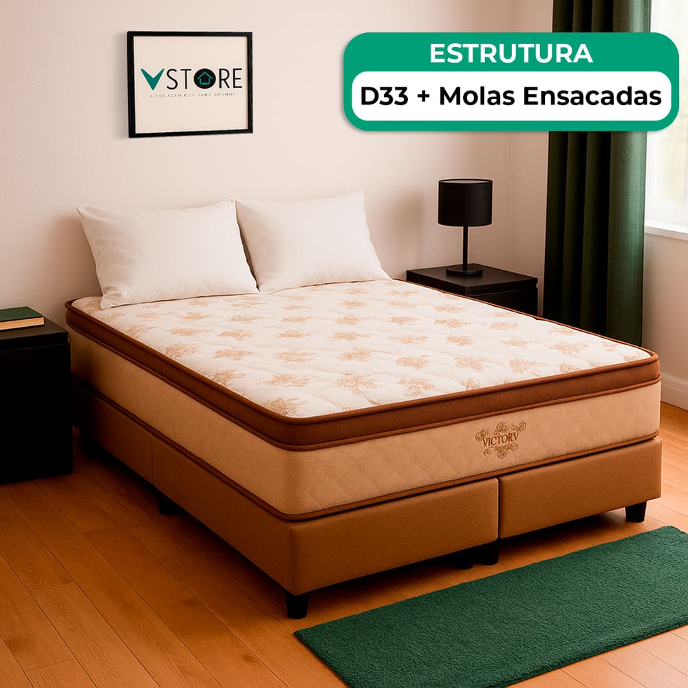 Cama Box Baú Queen Bege e Colchão Victory Molas Vstore