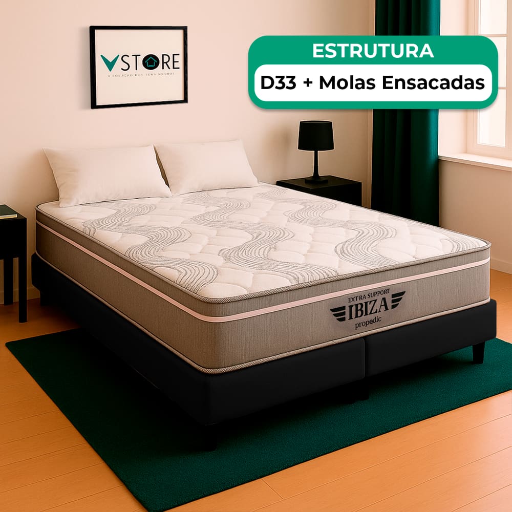 Cama Box King Preto e Colchão Ibiza Molas Ensacadas Vstore