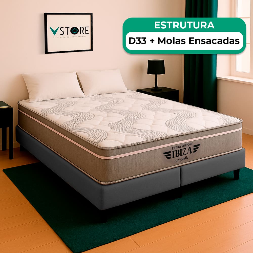 Cama Box Queen Cinza e Colchão Ibiza Molas Ensacadas Vstore