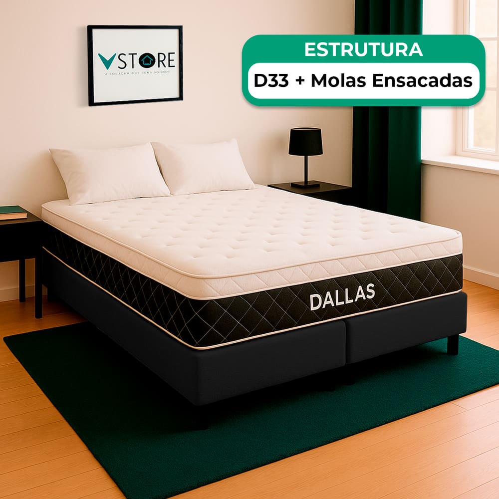 Cama Box King Preto e Colchão Dallas Molas Vstore 193x203x20