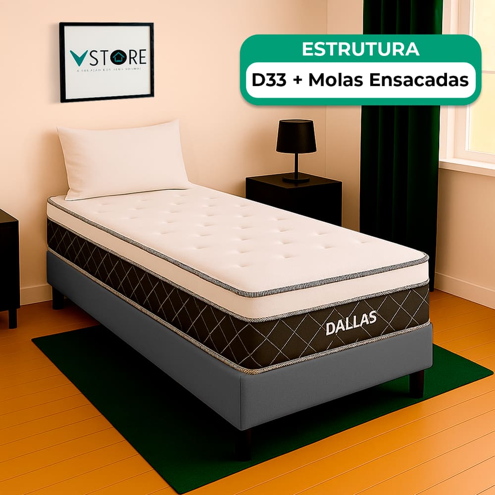 Cama Box Baú Solteiro Cinza e Colchão Dallas Molas Vstore