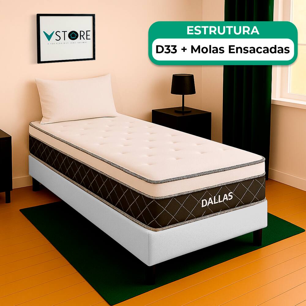 Cama Box Solteirão Branco e Colchão Dallas Molas Vstore