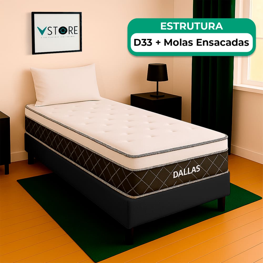 Cama Box Solteirão Preto e Colchão Dallas Molas Vstore