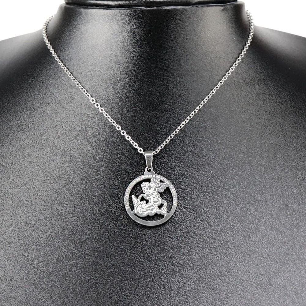 Colar Masculino Corrente Pingente Prata Placa Sao Jorge