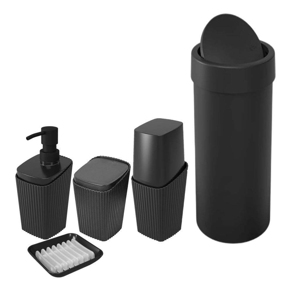 Kit Banheiro Porta Escova Cotonete Dispenser Saboneteira Lixeira Basculante 9L New Square Preto - Coza