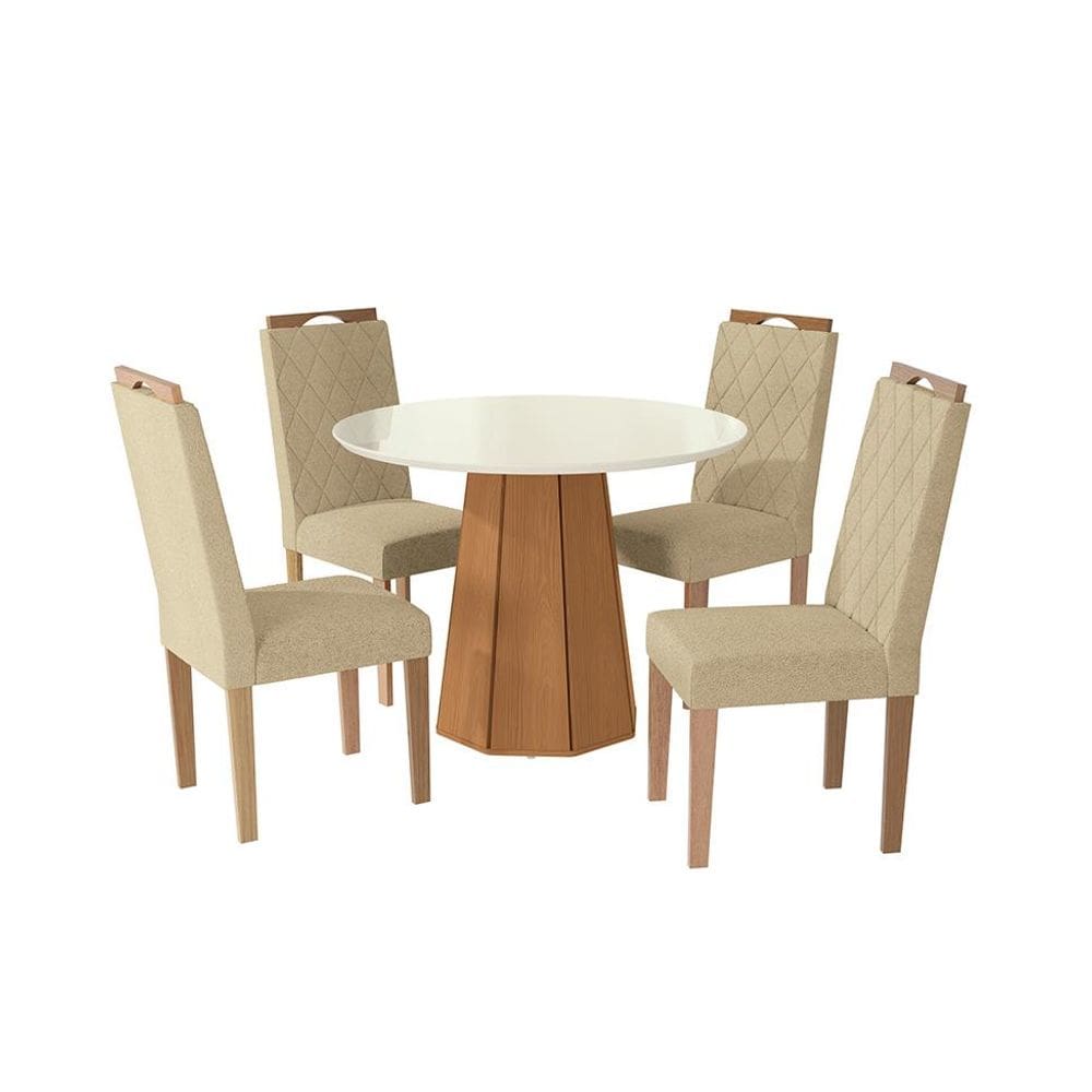 Conjunto de Mesa de Jantar Redonda com Tampo de Vidro Off White e 4 Cadeiras Jade Bouclé Bege e Eucalipto