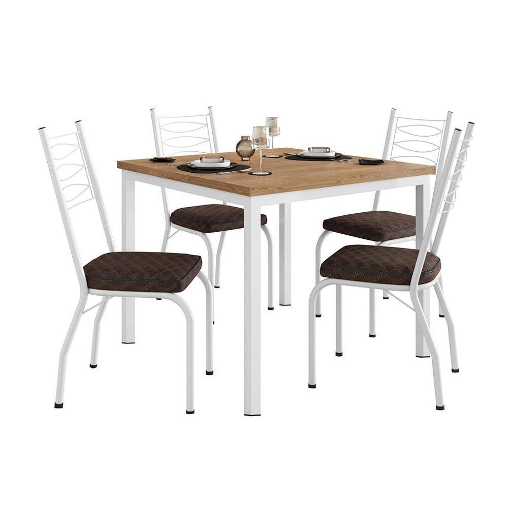 Conjunto de Mesa Quadrada com Tampo MDP e 4 Cadeiras Adriana Revestimento Sintético Cacau e Branco