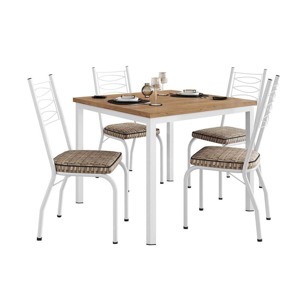 Conjunto de Mesa Quadrada com Tampo MDP e 4 Cadeiras Adriana Revestimento Sintético Bege Rattan e Branco