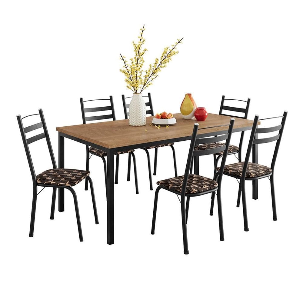 Conjunto de Mesa Retangular com Tampo de MDP Amadeirado e 6 Cadeiras Adriana III Revestimento Sintético Palha e Preto