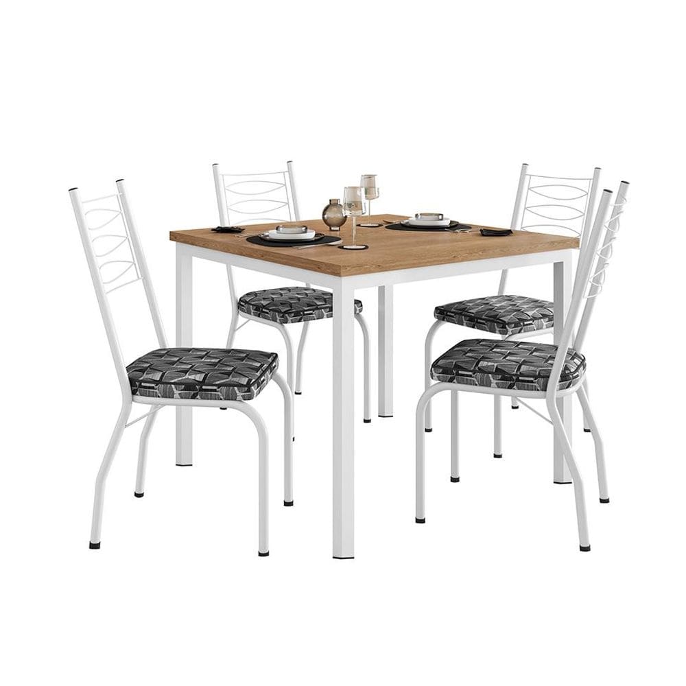 Conjunto de Mesa Quadrada com Tampo MDP e 4 Cadeiras Adriana Revestimento Sintético Mosaico Silver e Branco