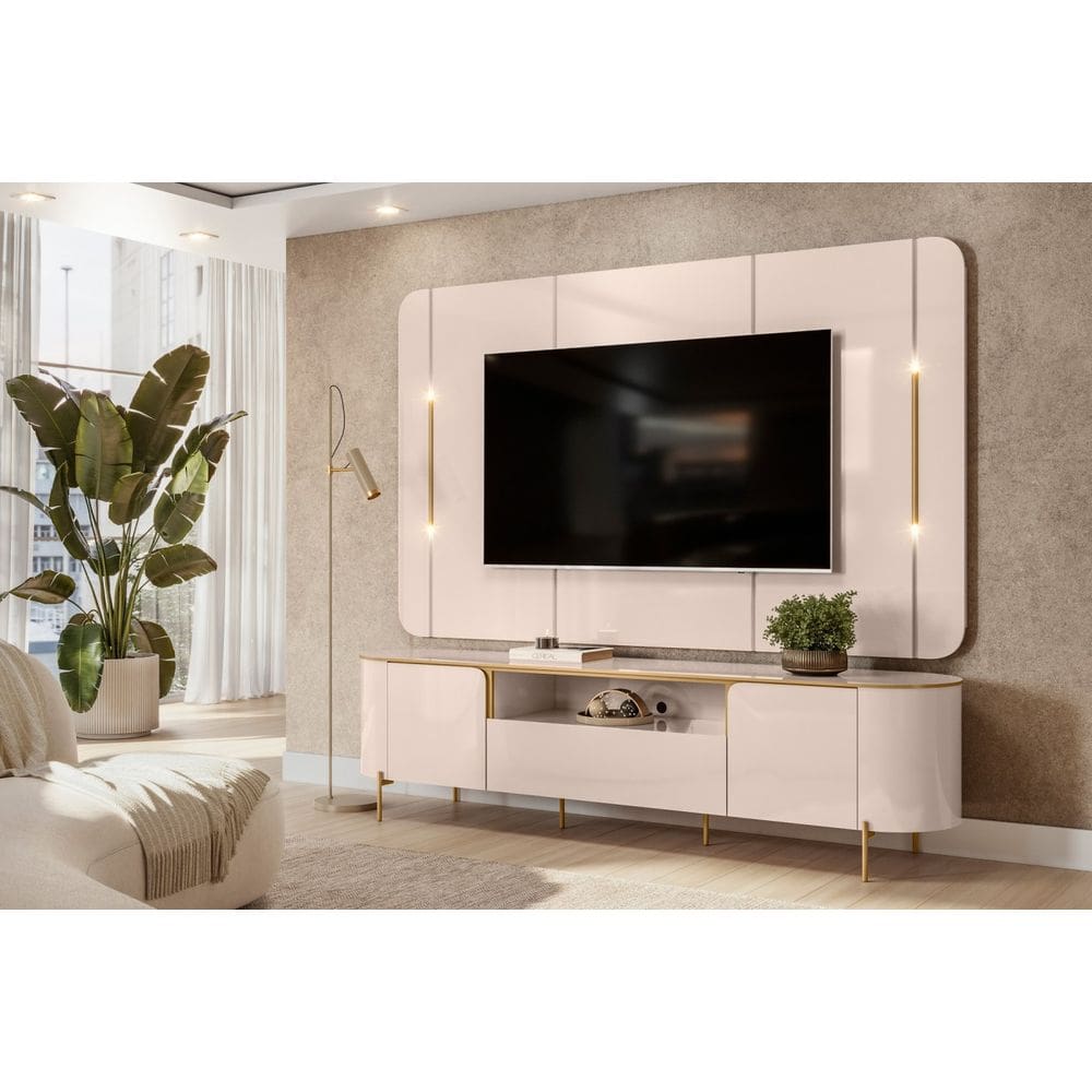 Bancada Com Painel Areta Para TV Até 75 Polegadas 2 Portas 1 Gavetas LED Off White 100%MDF - DJ Móveis
