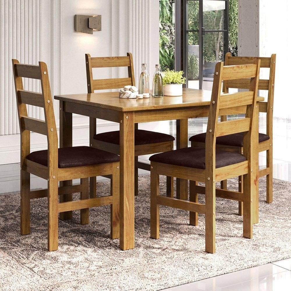 Conjunto com Mesa de Jantar Retangular 4 Cadeiras Estofadas em Madeira Maciça Serena Espresso Móveis Nogueira / Angus Ambar