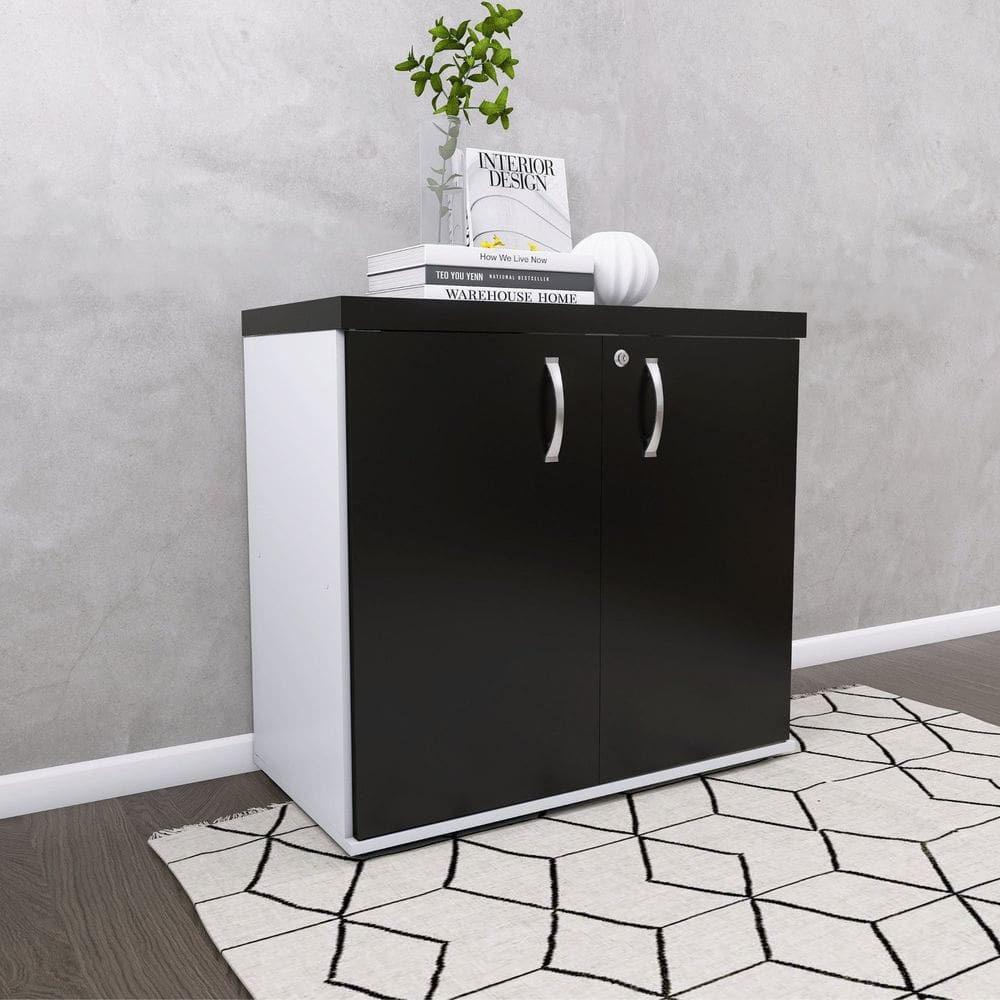Armário para Escritório Baixo 2 Portas com Chave Branco/Preto