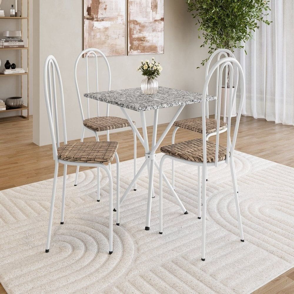 Conjunto de Mesa e 4 Cadeiras 77cm X 70cm Leia Branco/ Rattan/ Ocre