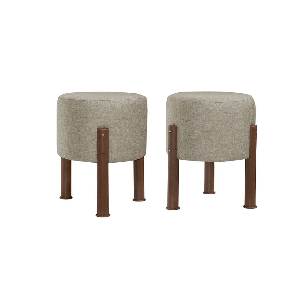 Kit 2 Puff Banquinho Redondo Decorativo Thor em Linho Pés Polietileno Cor Bege