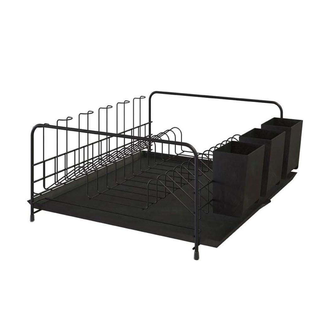 Escorredor De Louça Com Bandeja E Porta Talheres De Plástico - Stolf Preto + Preto