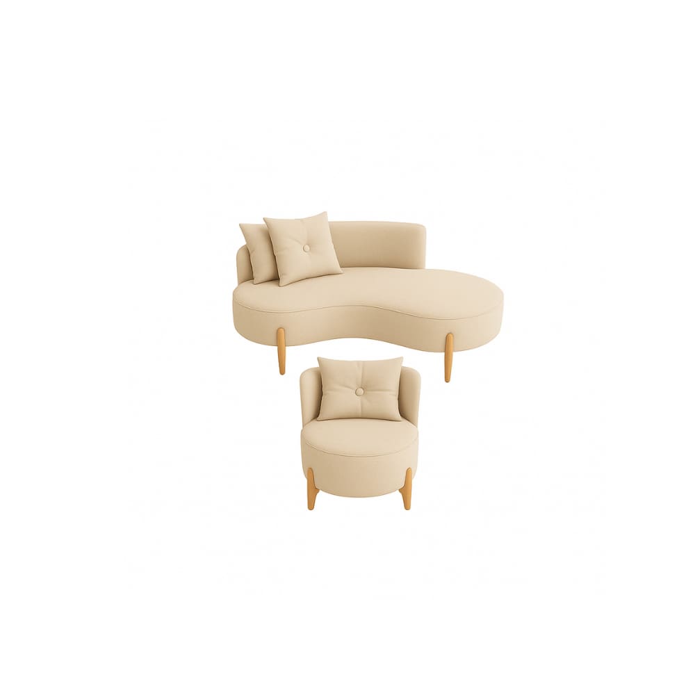 Conjunto 01 Poltrona + Sofá Curvo Orgânico Veludo Bege - Montanaris Decor