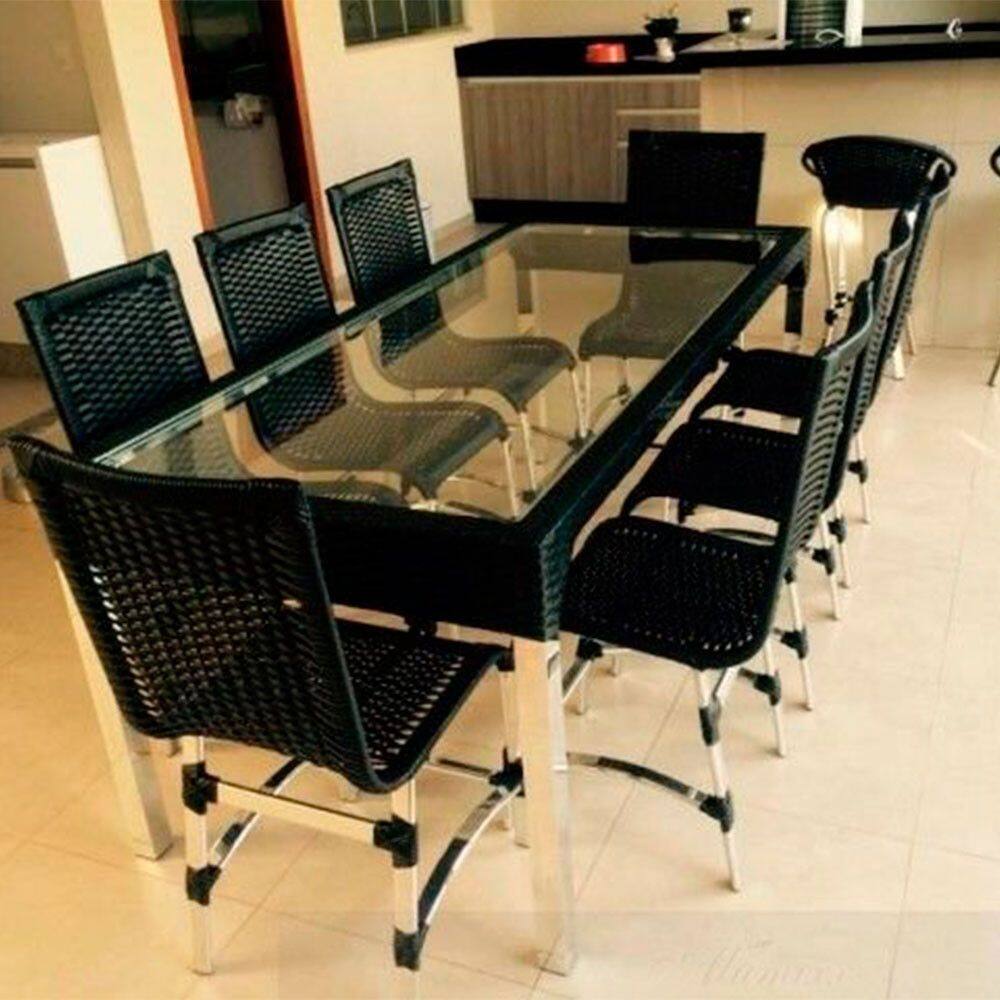 Conjunto de 8 Cadeiras e Mesa de Jantar Haiti em Alumínio para Cozinha, Edícula Trama