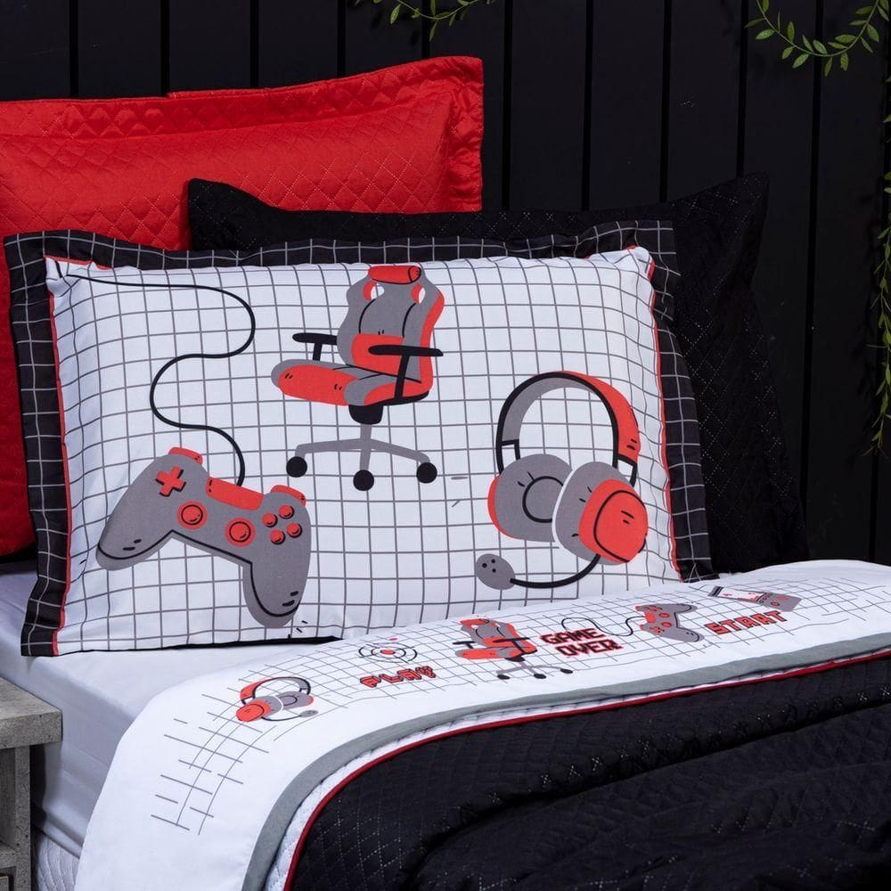 Jogo De Game Streamer Branco/Vermelho Casal Padrão 04 Peças
