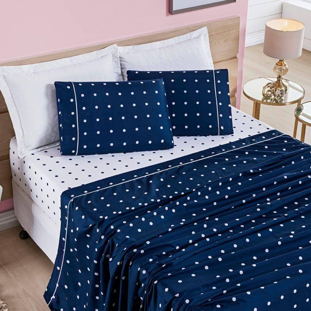 Jogo Cama Lençol Meggy Poá Solteiro Bolinhas Micropercal 200 Fios 3 Peças - Azul Marinho
