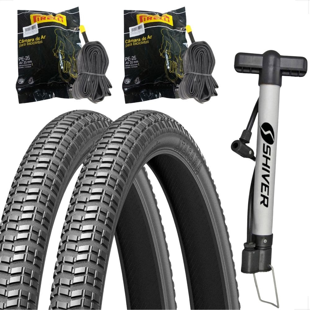 PAR Pneu Levorin Atacama Aro 26 x 1.95 + PAR Camara Pirelli bico grosso + Bombinha Bicicleta Bike