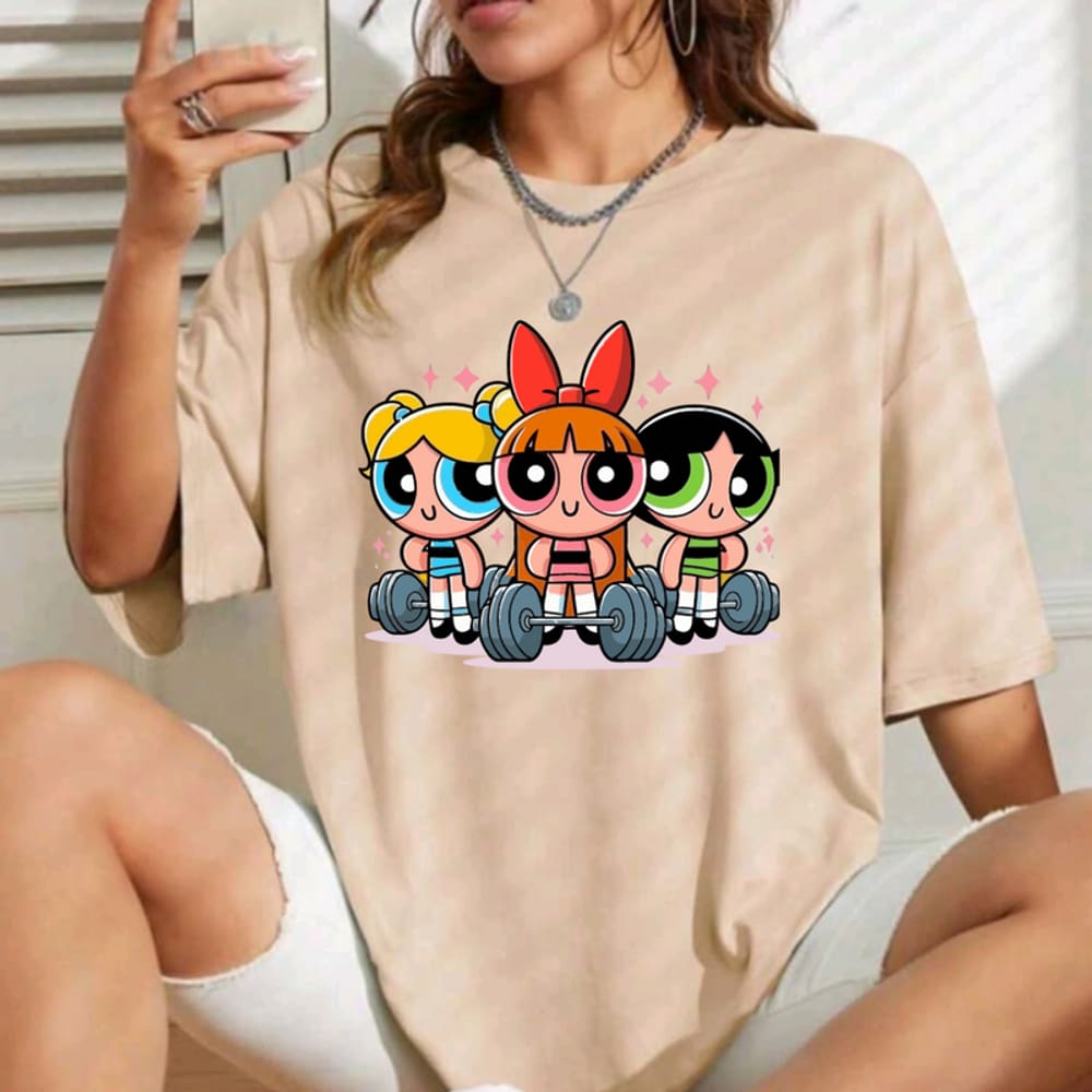 Camiseta Longa Oversized Academia Fitness Gym Super Poderosas Bege