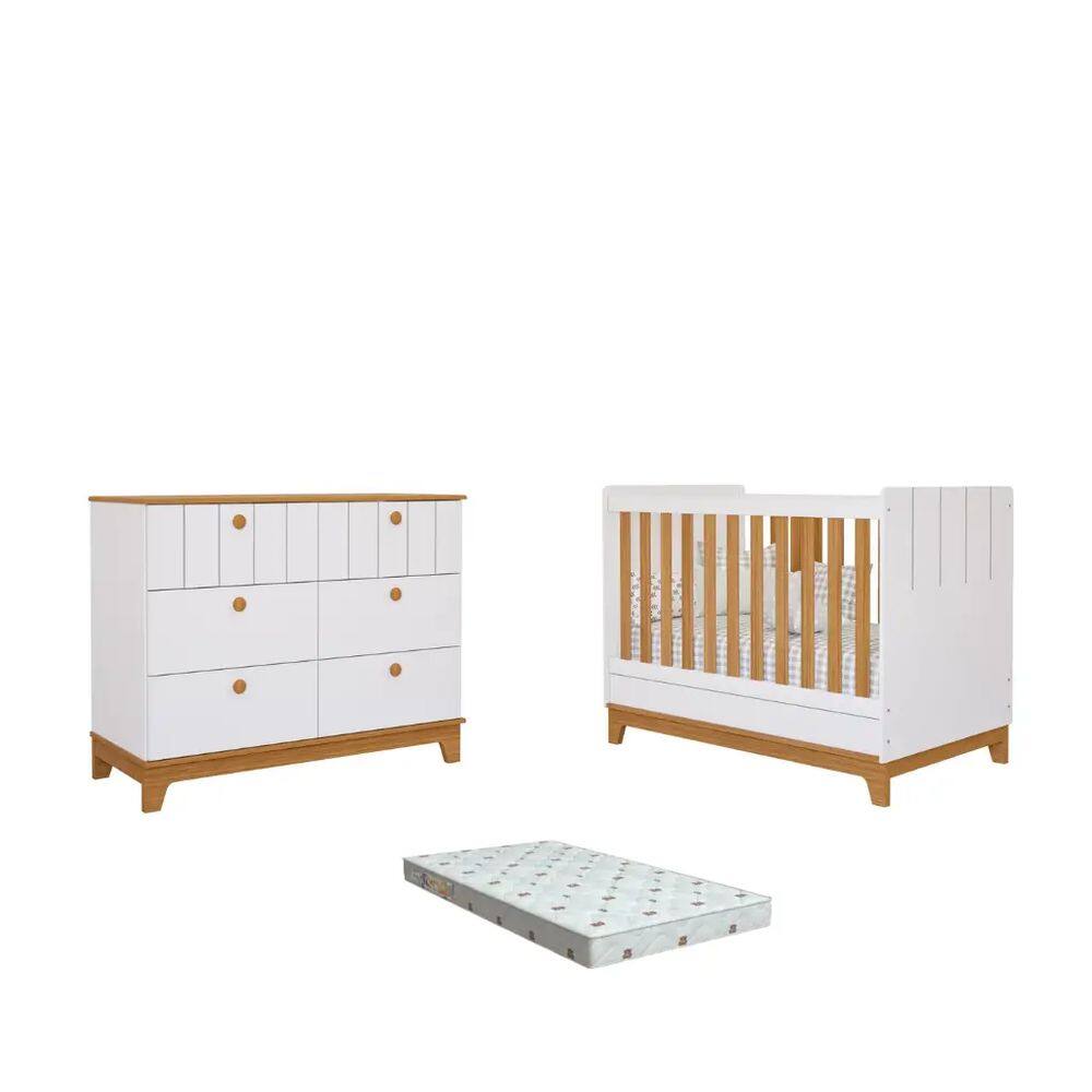 Quarto Bebe Berço e Cômoda MDF Dorabelly Bis com Colchão
