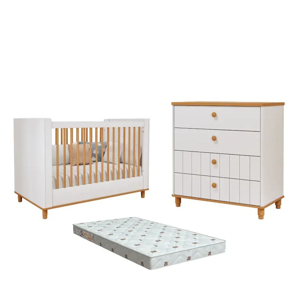 Quarto Bebe Berço e Cômoda MDF Dorabelly Cake + Colchão