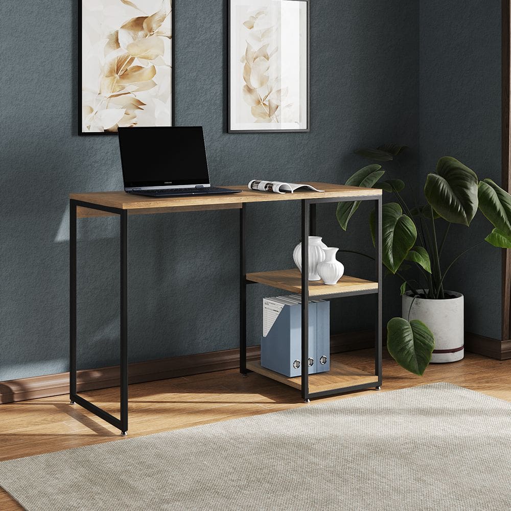 Mesa Escritório Berlim Industrial com Prateleira Ferro Preto Tampo 110x46 Freijó